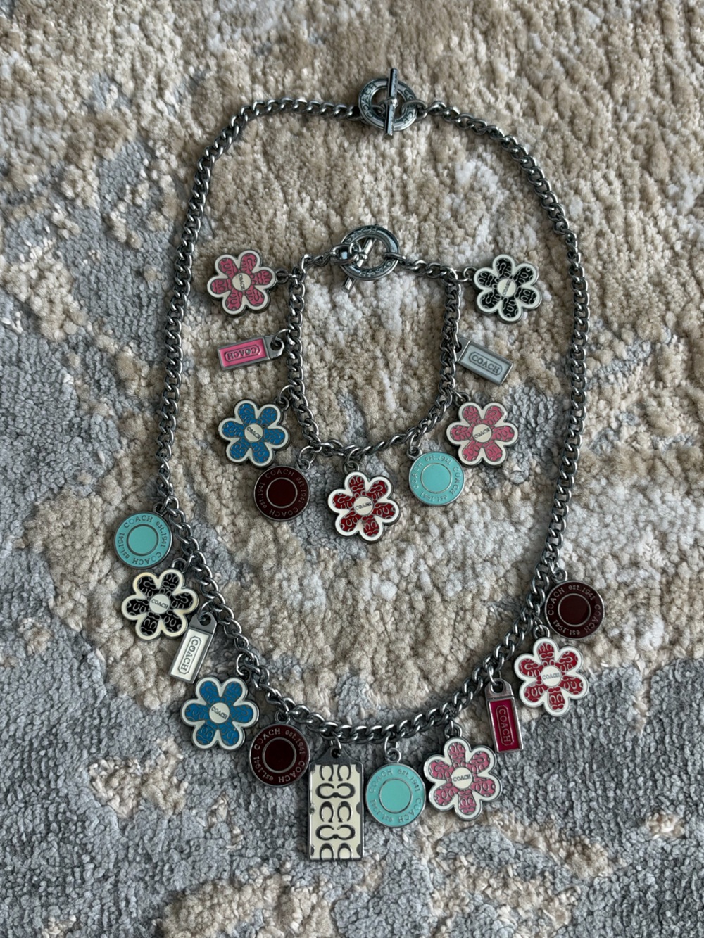 Coach Silver Chain Charm Necklace with Pink & Turquoise Flower Charms